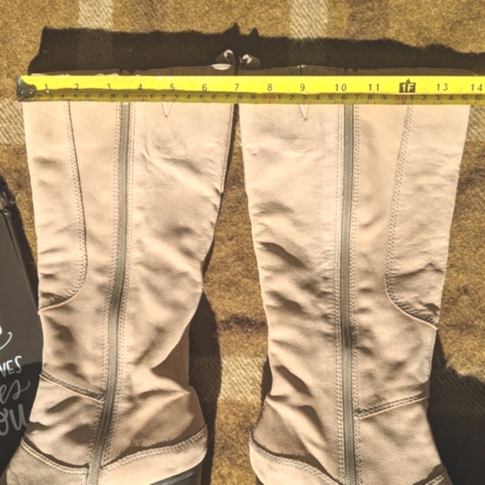 Natural Tan Cream Taupe Brushed Leather Suede High Heel Tall Fashion Boots 7.5 - Picture 13 of 15